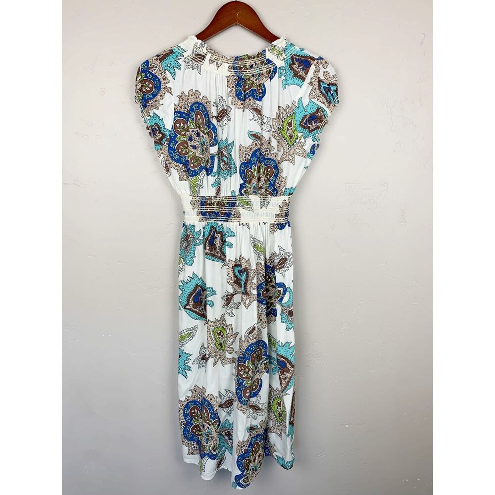 Overdrive Floral Boho Dress Smocked White Blue Short Sleeve Women's M - Picture 6 of 8